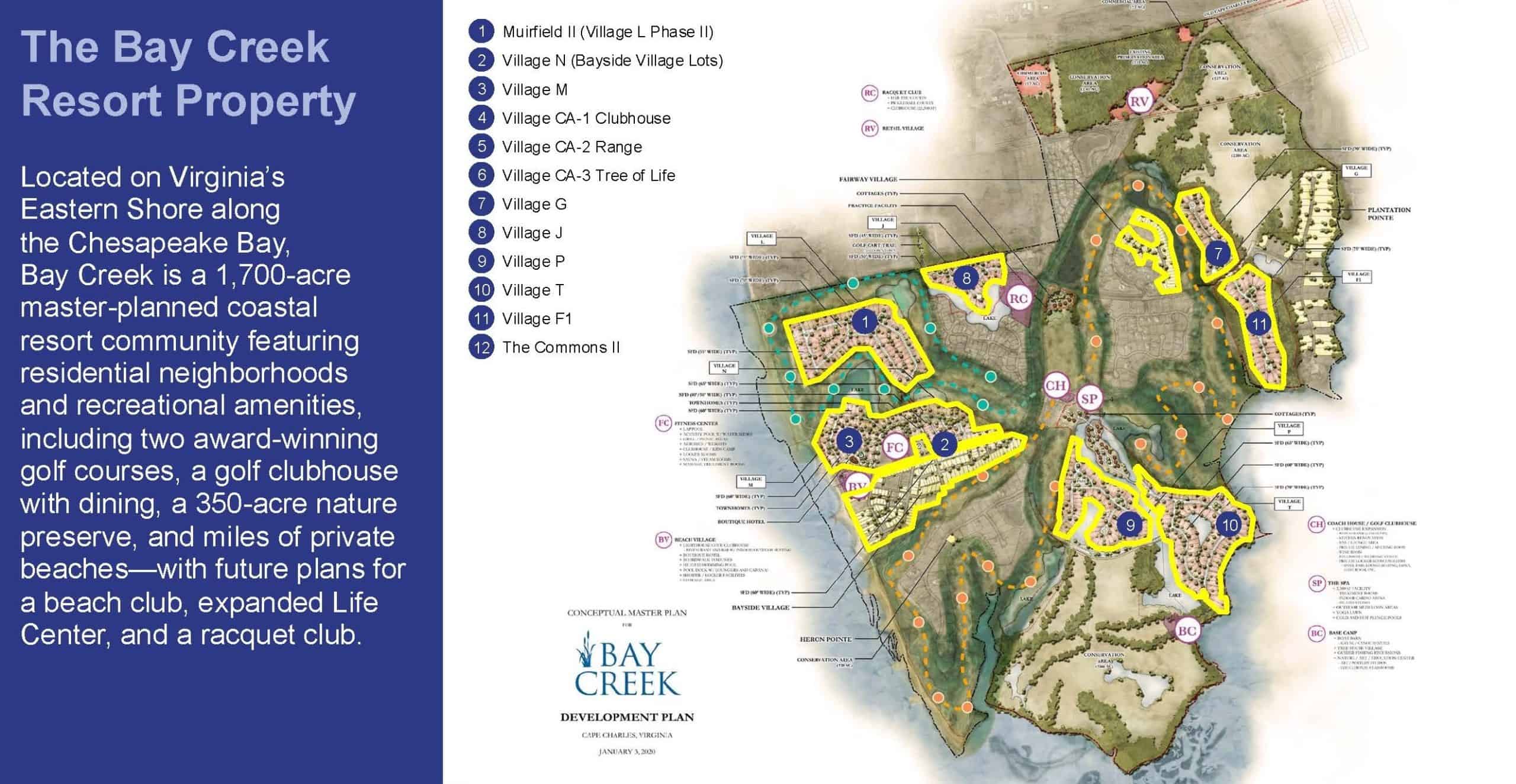 Bay Creek resort property development map showing planned residential villages, amenities, golf courses, and EB5 project areas.
