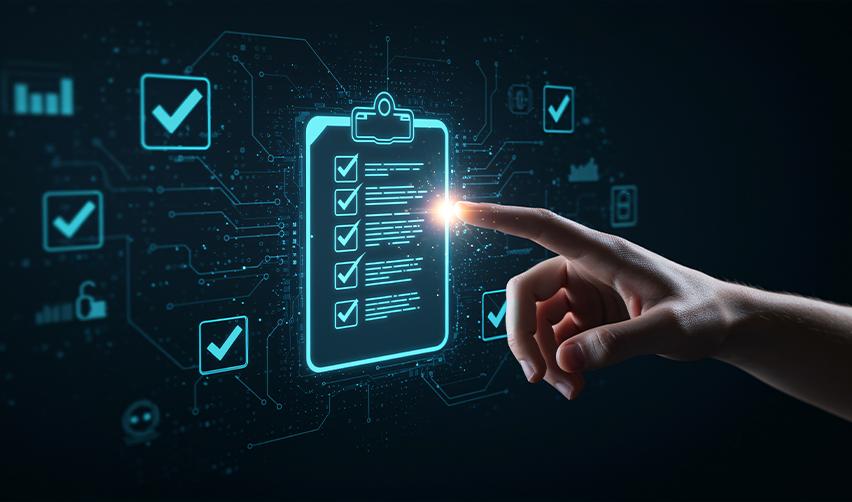 A digital clipboard with illuminated checkmarks, reflecting how AI systems organize EB5 evaluation steps into clear, structured checklists.