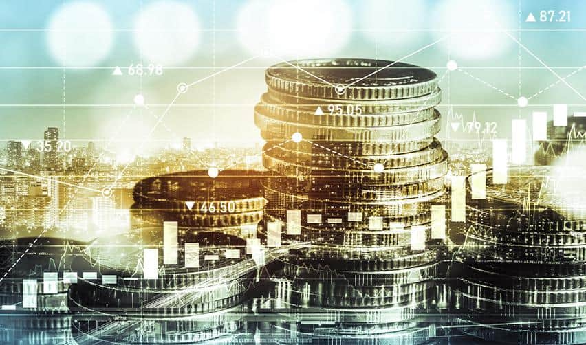Stacked coins overlaid with financial graphs and city lights, illustrating capital structure, project funding, and financial growth under the EB5 program.