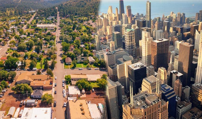 Split aerial view comparing a small rural town with a dense urban city skyline, highlighting EB5 rural and urban project location choices and visa set-aside categories.
