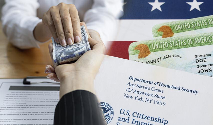 Investor handing US dollar cash over immigration documents and green cards, representing EB5 investment process and filing before September 30 2026.